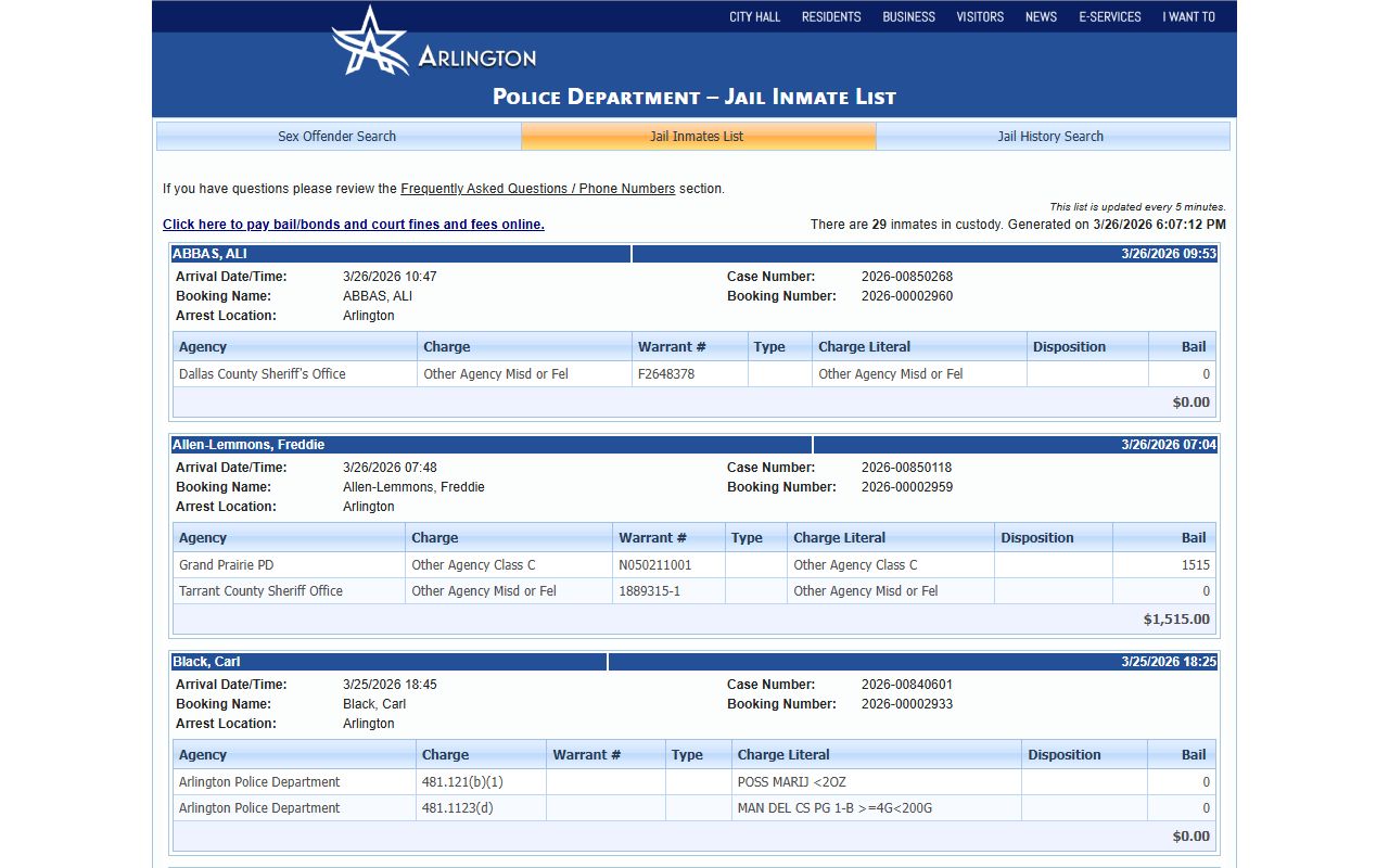 Arlington Released Inmates Arlington Police Department Jail Inmate List
