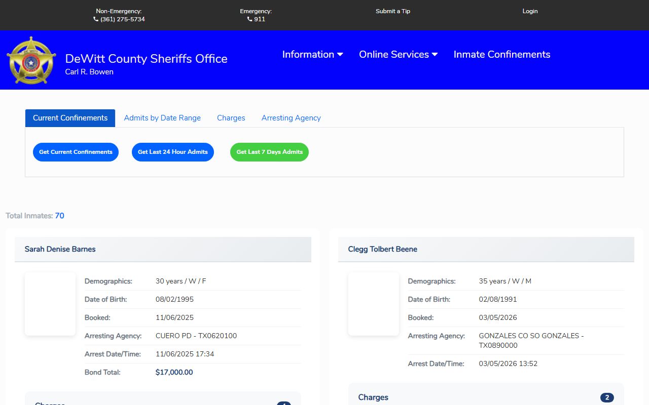 DeWitt County Released Inmates DeWitt County Inmate Confinements Search