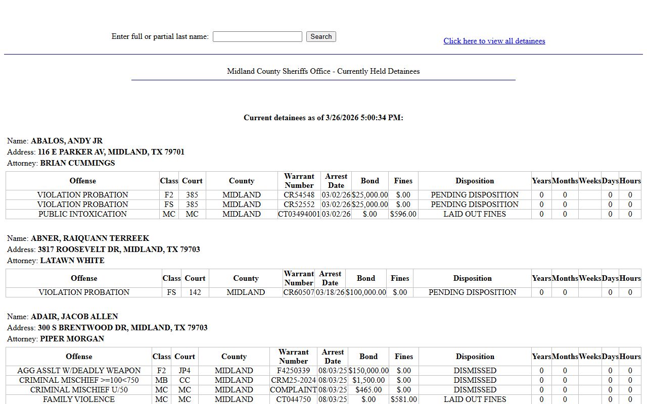 Midland County Released Inmates Midland County Currently Held Detainees List
